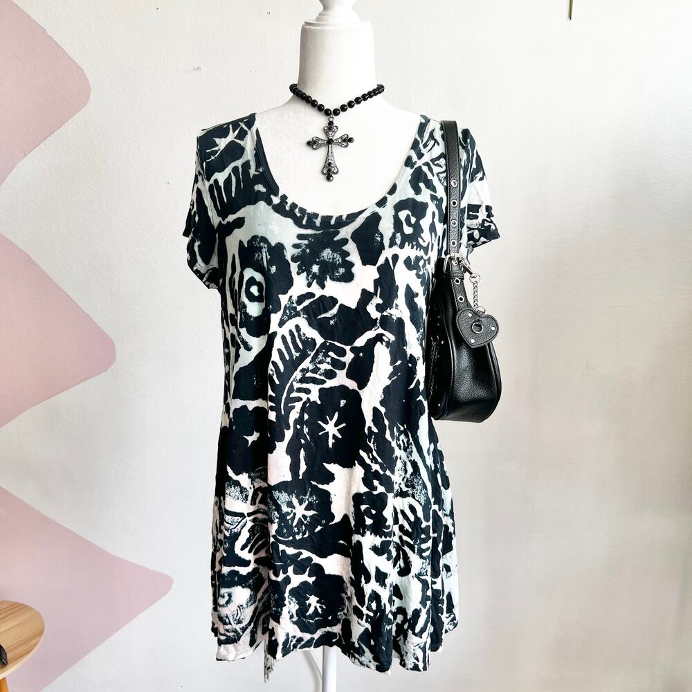 Black White Fringe Tunic Top, Boho, Indie, Festival, Hippie,‎ Grunge, Large